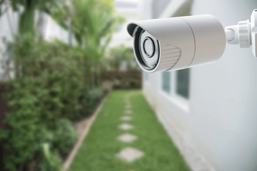 Outdoor security camera at home pointing towards the street